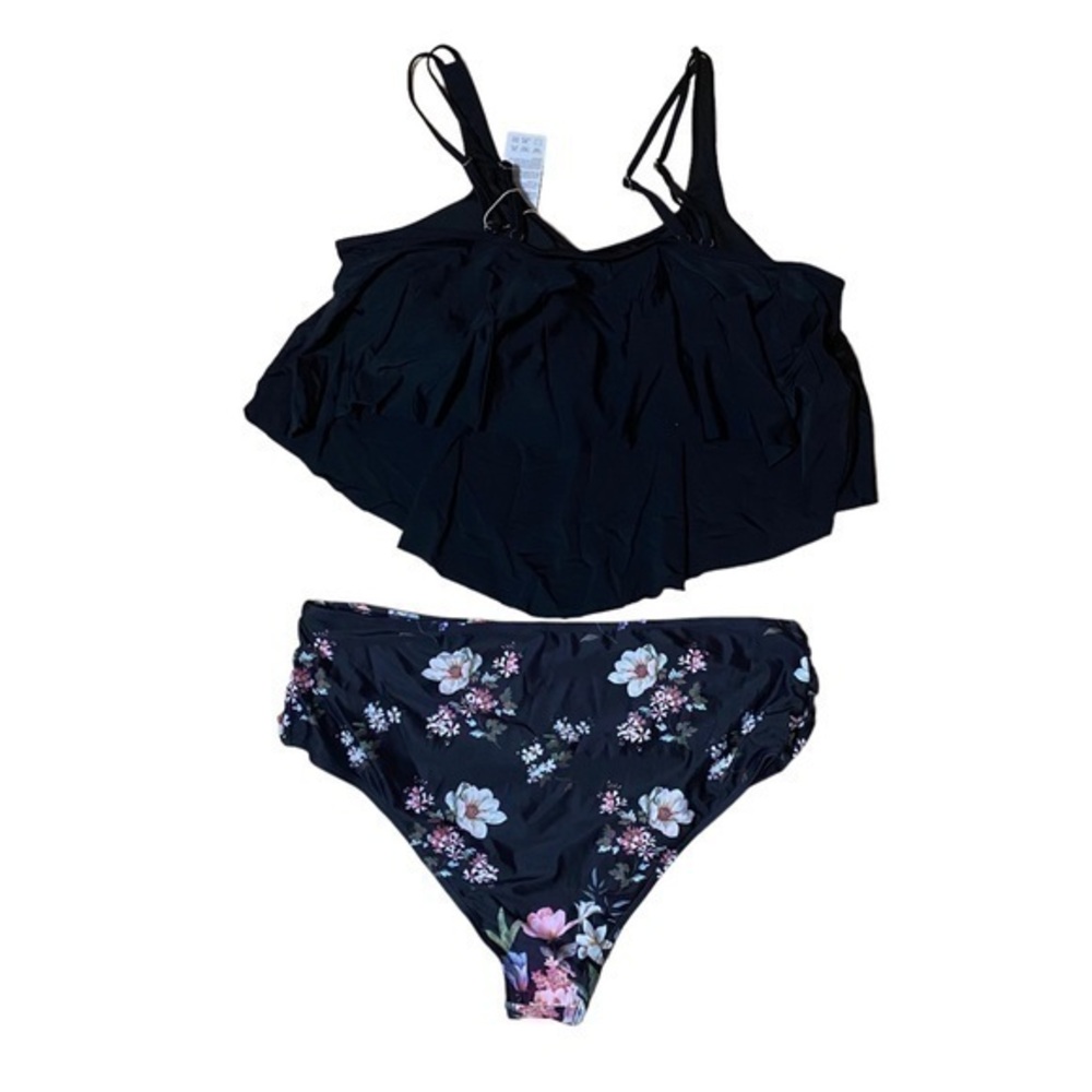 I2CRAZY Black Tummy Control Two Piece Swimsuit Black and Floral Print 
Size XXXL